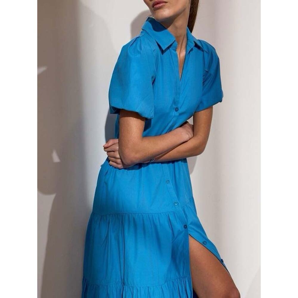 Brochu Walker Azure Blue Tiered Cotton Poplin The Havana Dress Size XS - Picture 2 of 10